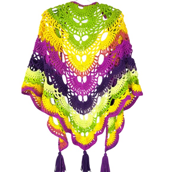 Crochet Shawl Wrap Green Yellow Purple Colorful Tassel‎ Boho Hippie One Size - Picture 2 of 6